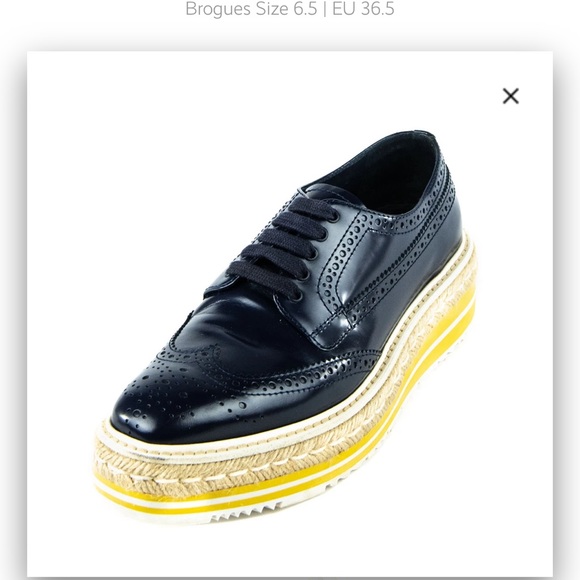 PRADA NAVY PATENT LEATHER YELLOW MICROSOLE PLATFORM ESPADRILLE BROGUES - Picture 11 of 11